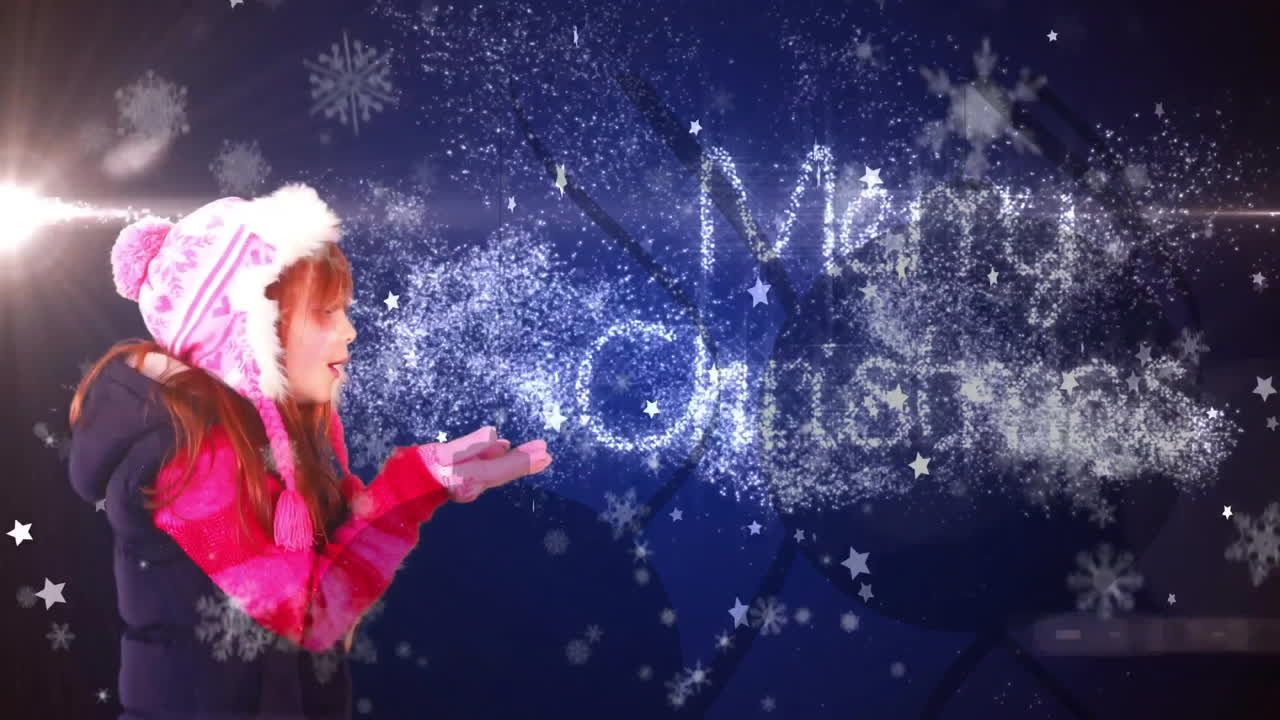 Animation of snow falling over caucasian girl and marry christmas text on blue background