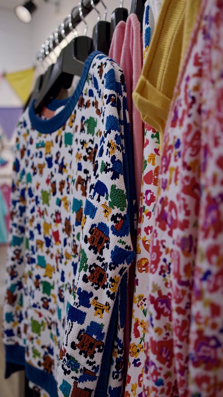 Suéteres estampados coloridos colgados en un perchero en una boutique