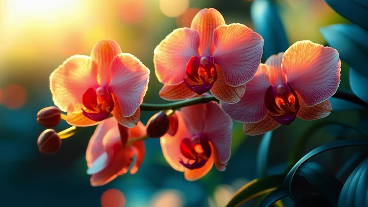 Beautiful orchids bloom at sunset. Orchids bloom in vibrant colors against a sunset, highlighting their delicate petals and beauty.