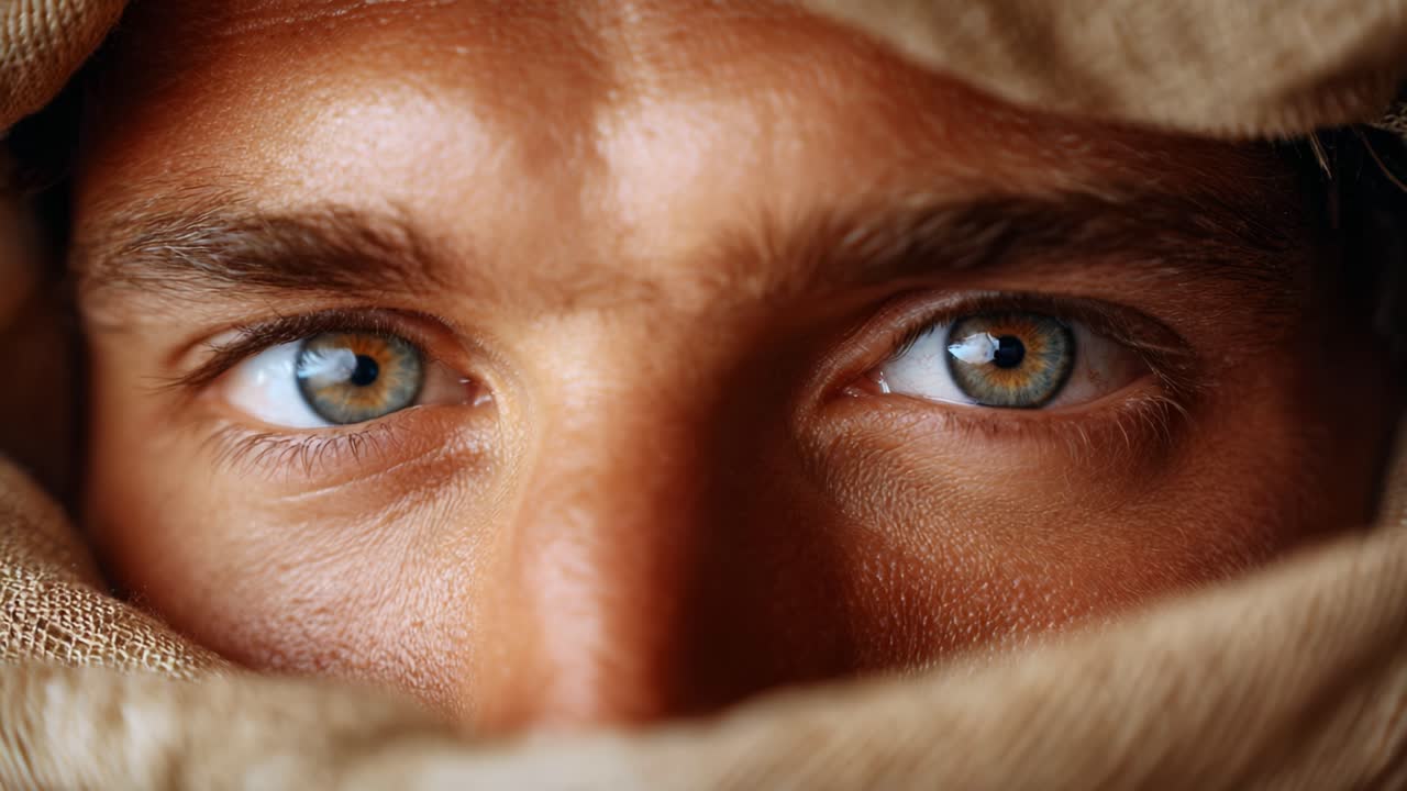 Close-up de um homem com olhos azuis impressionantes, parcialmente cobertos com tecido natural, capturando emoções intensas e a profundidade da conexão humana