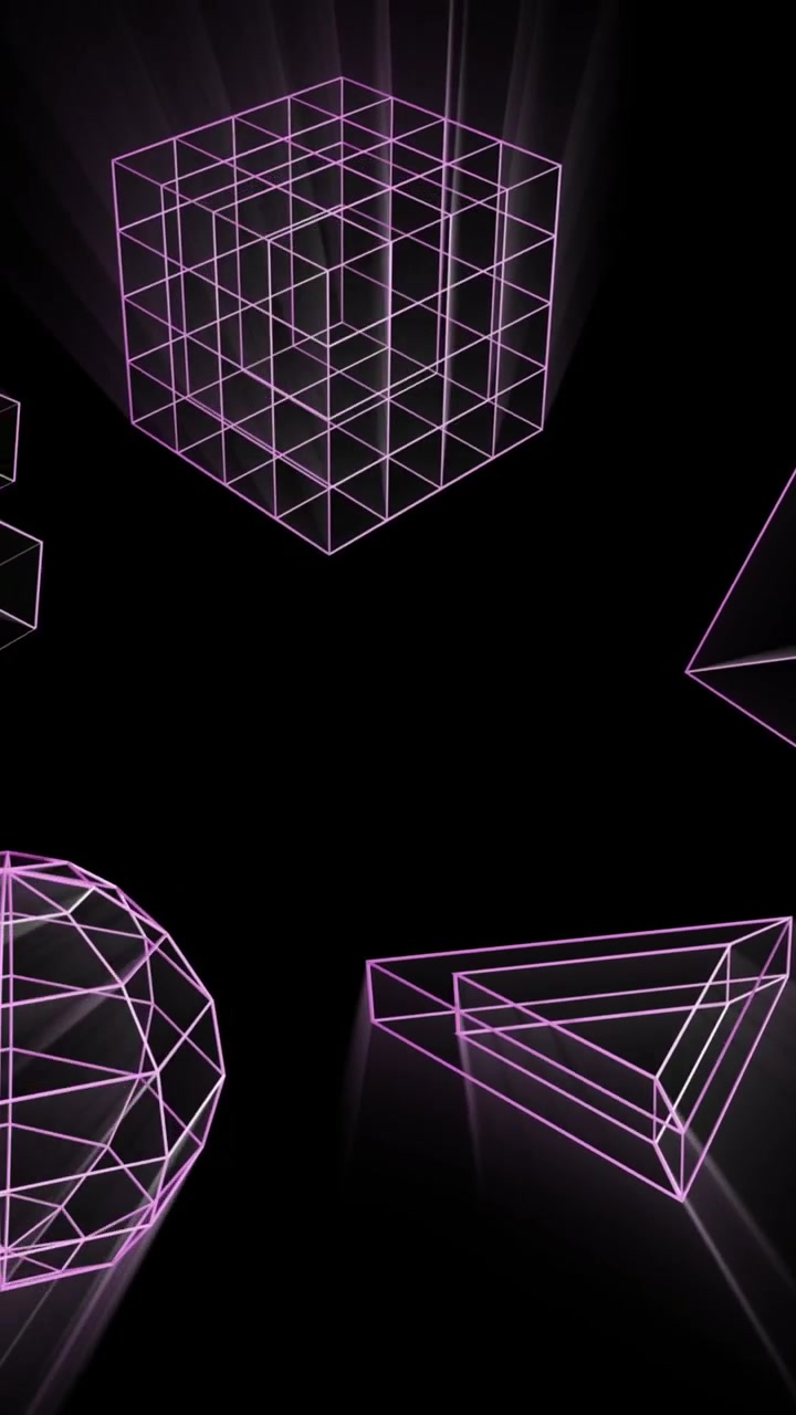 Animation of glowing 3d shapes moving on black background