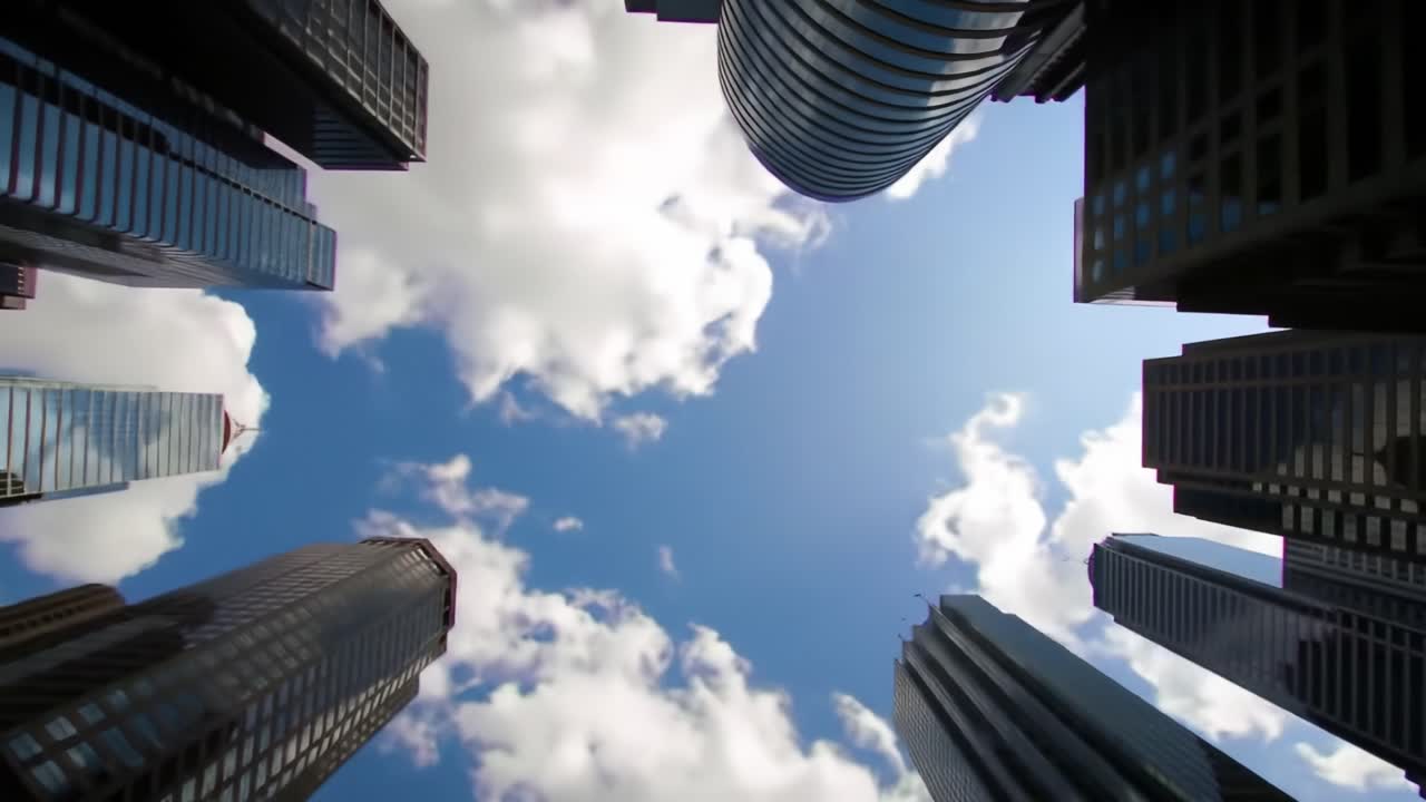 Skyscrapers tower above as clouds drift across a bright blue sky, creating a striking contrast in this bustling urban environment. A look up reveals the city's architectural beauty.
