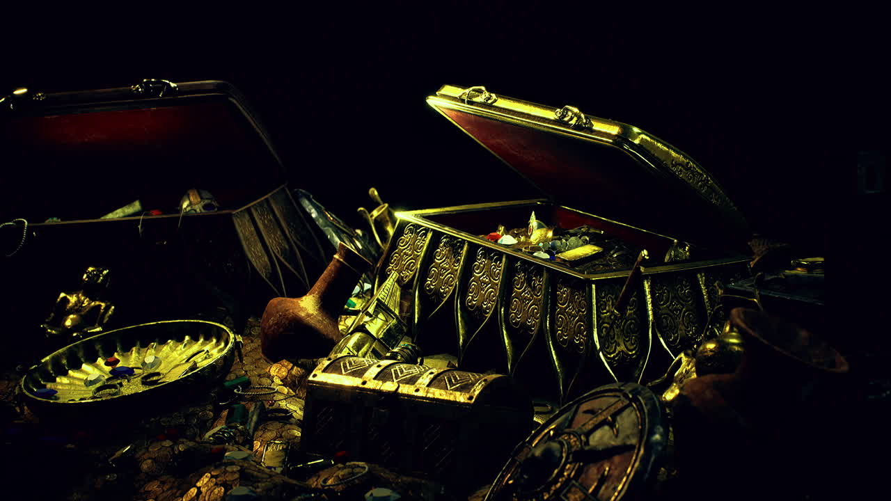 Treasure chests overflowing with gold and jewels in a dark cavern