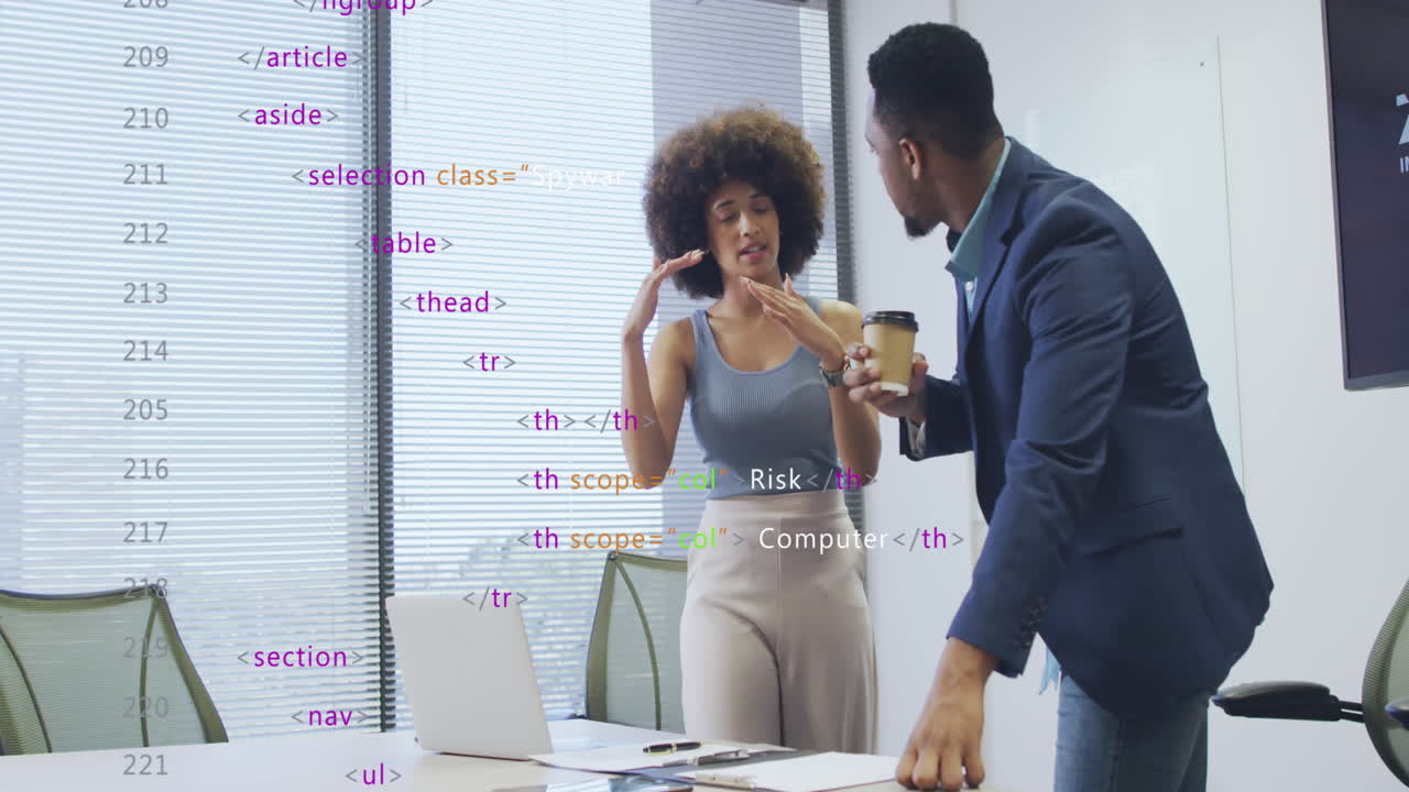 Animation of data processing over diverse business people working at office