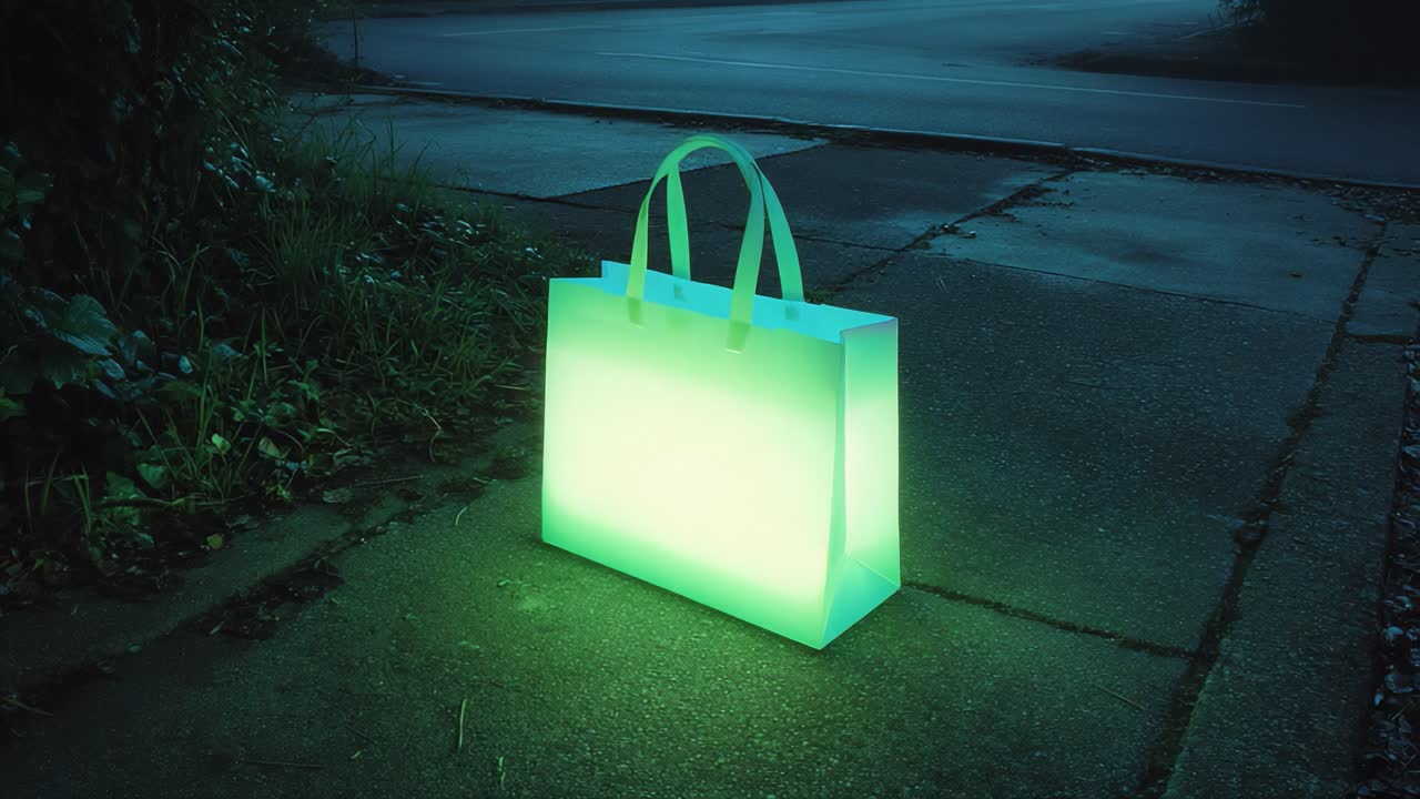 A Mysterious Illuminated Bag Glows on the Empty Sidewalk at Night, Creating an Enigmatic Atmosphere with its Vibrant Colors and Surrounding Darkness