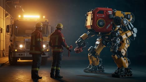 a firefighter team engages with an advanced rescue robot, demonstrating the integration of technology in emergency response situations