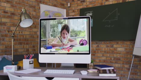 Caucasian-schoolgirl-learning-displayed-on-computer-screen-during-video-call