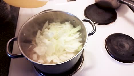 male hand is adding cut white cabbage, potatoes, and leek to the soup - cooking pork cabbage soup