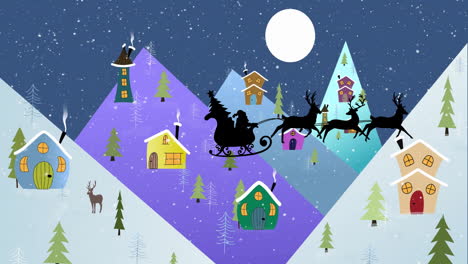 santa''s sleigh and reindeer flying over snowy village animation