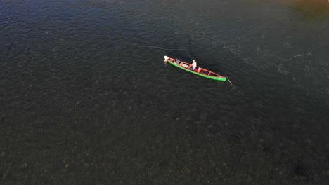 aerial rotational pan footage of fly fishing from canoe