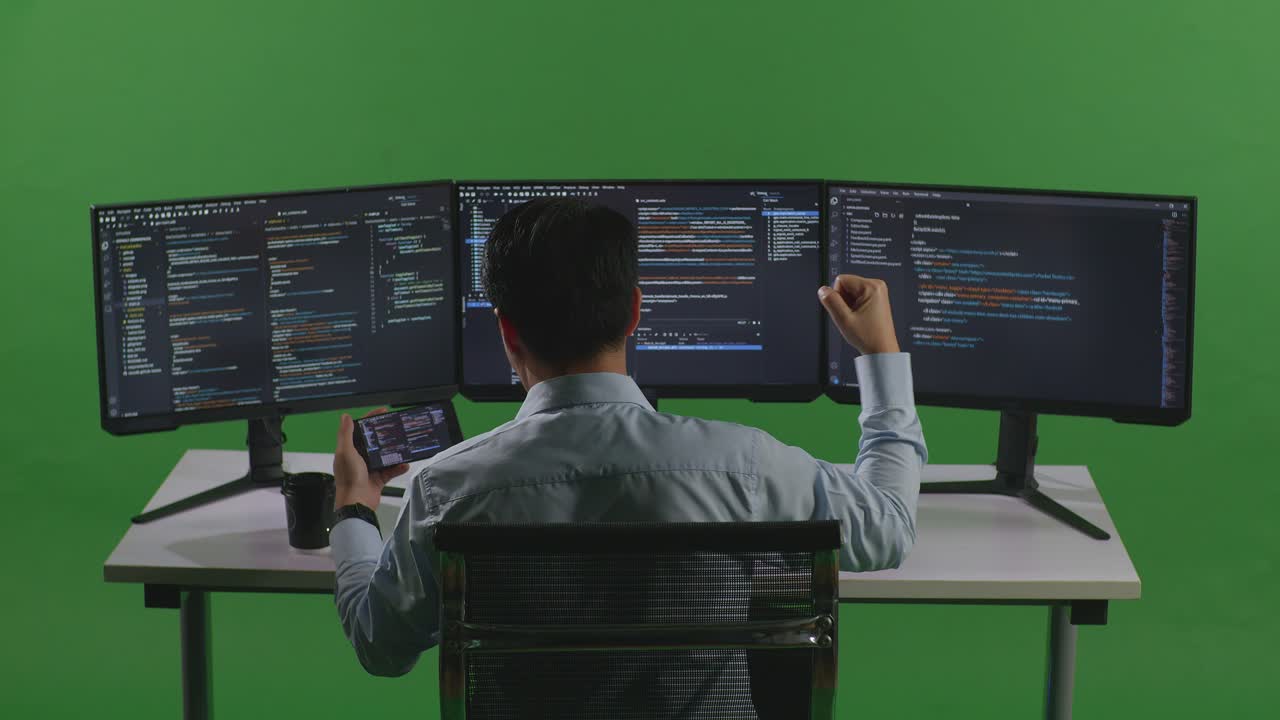 Back View Of Happy Asian Man Developer Looking At Code On Mobile Phone While Write Code With Multiple Computer Screens In Green Screen Studio