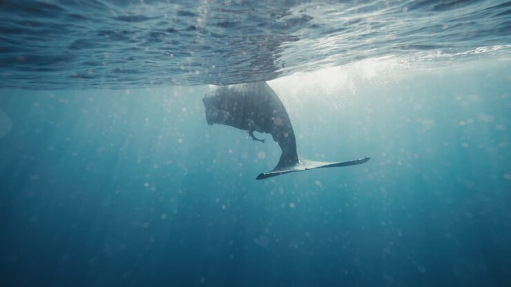 Side establishing of humpback whale gliding in blue water, rearview sparkling air bubbles, slow motion