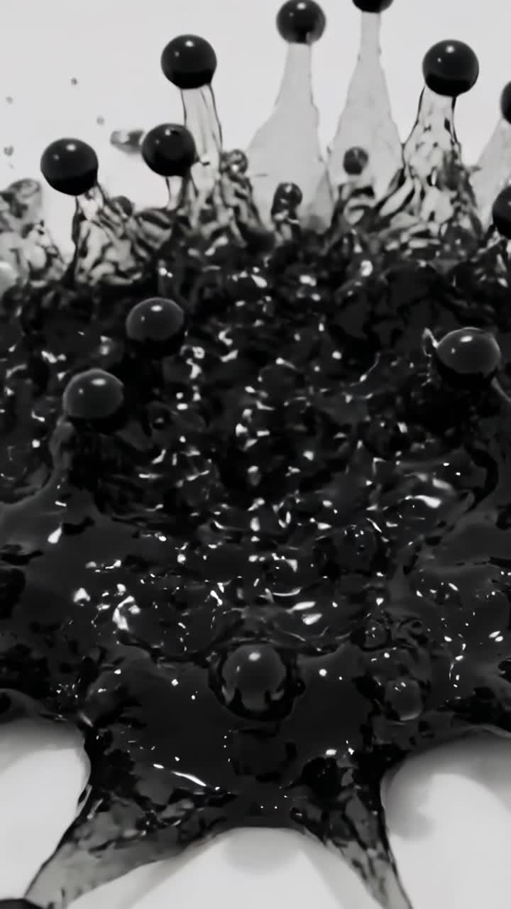 Vertical video: Splitting black beads reacting to impact on white surface, spraying viscous liquid