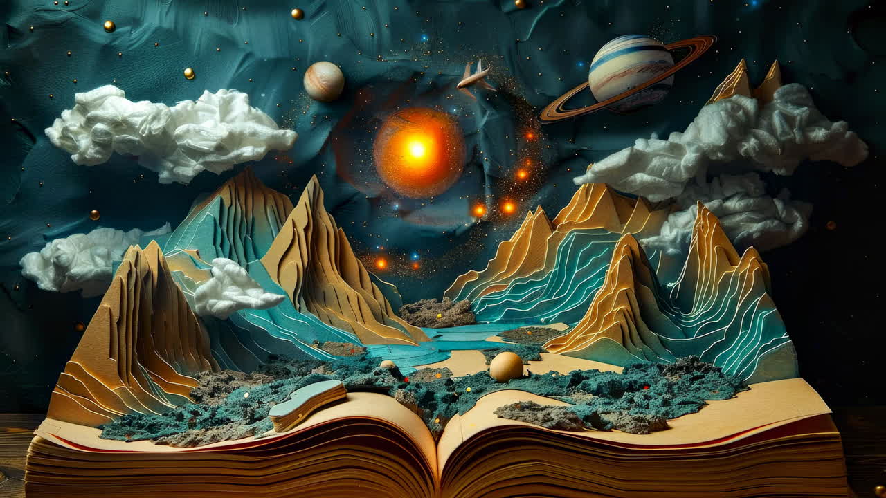 Fantasy landscape in a book. A vibrant fantasy world of paper features mountains, rivers, and planets, like a page from a storybook