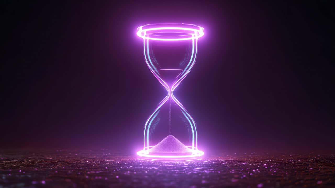 Futuristic hourglass with purple and blue neon lights glowing in a dark, abstract environment as sand flows from the top bulb to the bottom, measuring the passage of time
