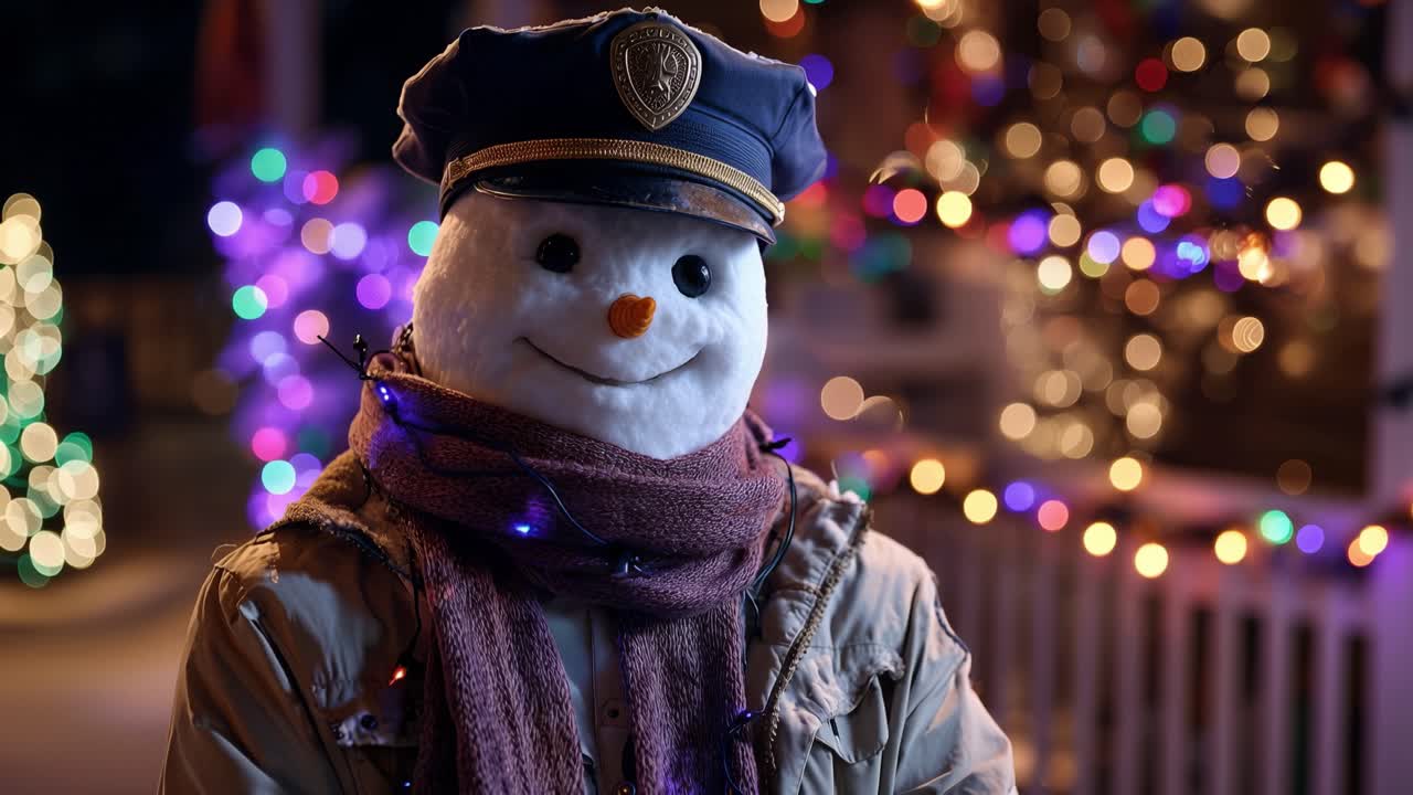 Snowman wears a cap and scarf. He smiles warmly in a festive, glowing scene. Background lights blur into colorful bokeh. Cozy holiday atmosphere fills the air. Ideal for Christmas, winter