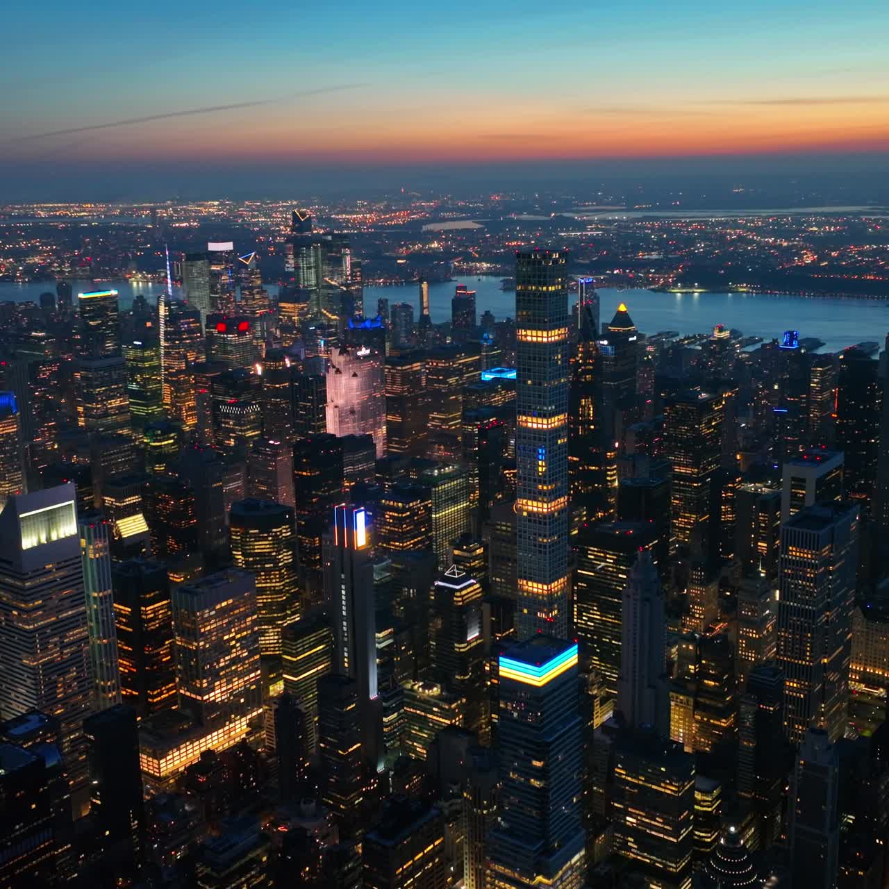 Vista splendida sul panorama scenico di New York al tramonto. Milioni di luci nel paesaggio urbano serale