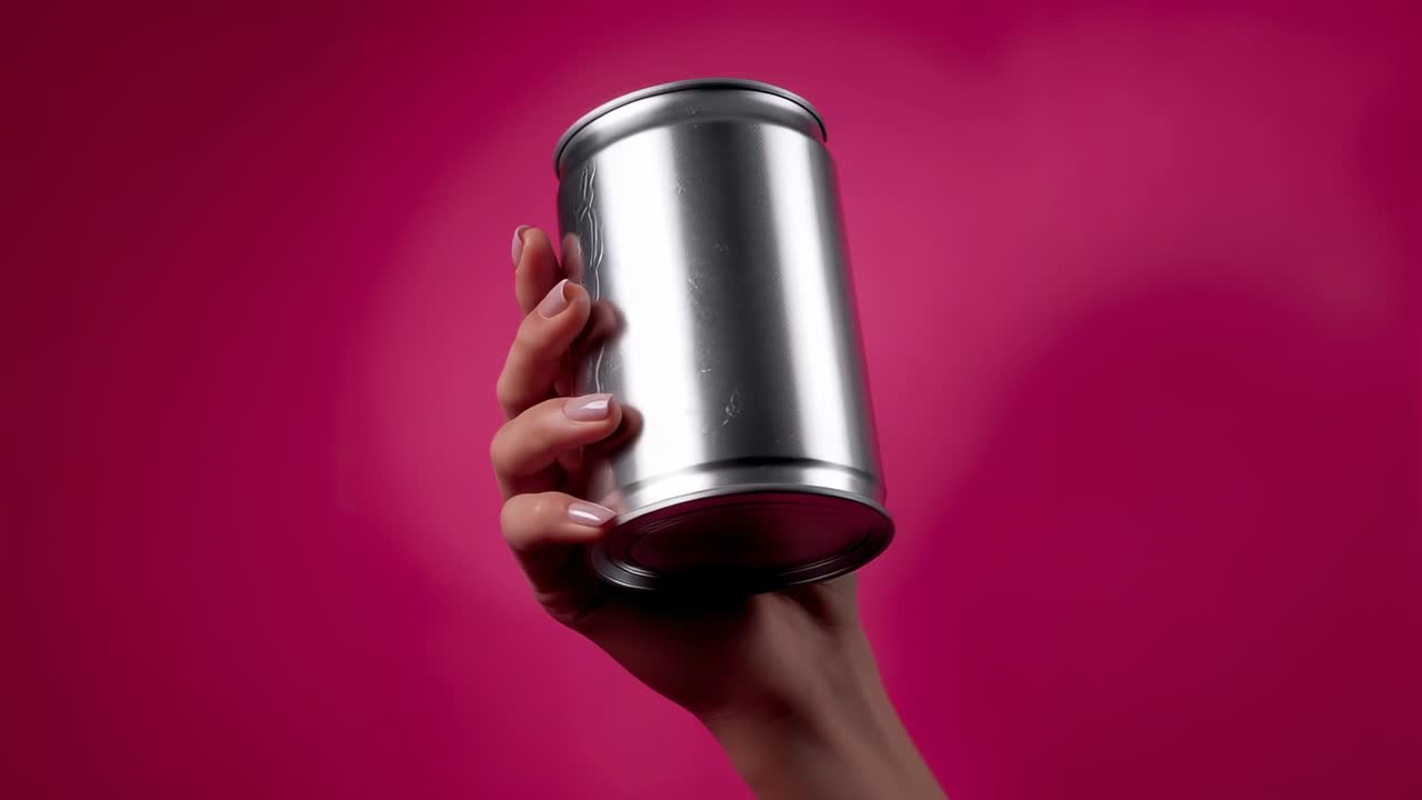 Rotating polished hand holding silver can on pink background, showing metallic sheen