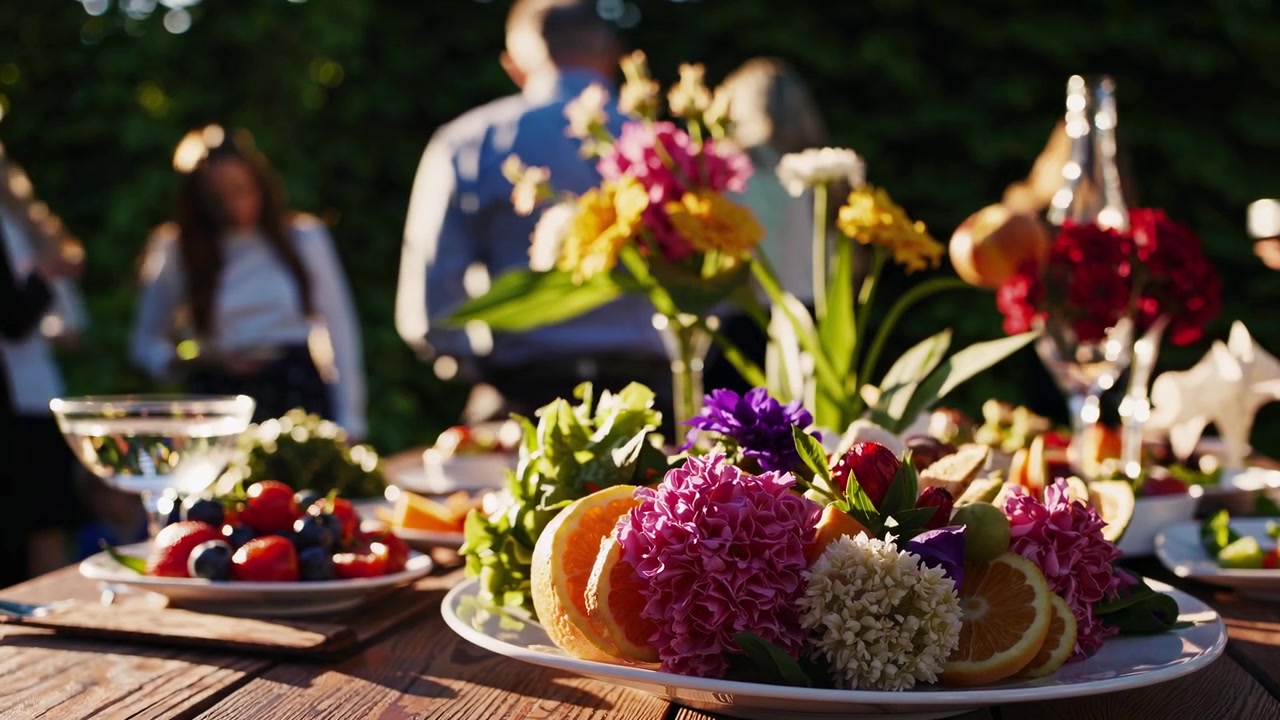 Festlich gedeckter Esstisch im Freien mit frischen Speisen und Blumendekorationen