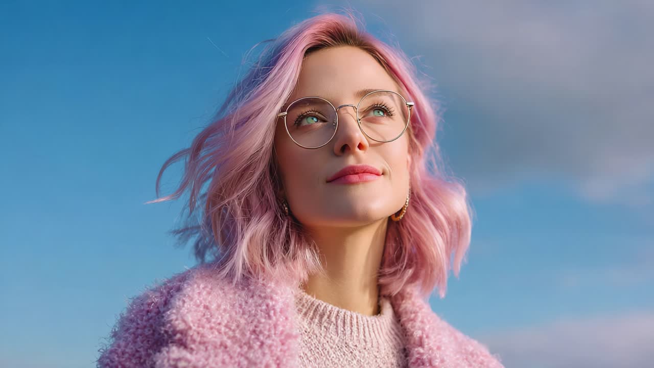 A Portrait of Elegance: A Young Woman with Pink Hair and Glasses Under a Clear Blue Sky, Radiating Confidence and Style