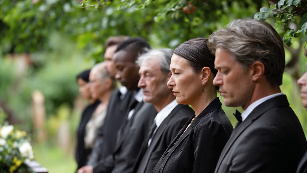 Uomini e donne in abiti neri stanno in piedi solennemente. Sono rivolti in avanti, capi chinati, sguardi bassi. Alberi e verde circondano il raduno. I partecipanti al lutto esprimono un dolore silenzioso in un ambiente esterno formale.