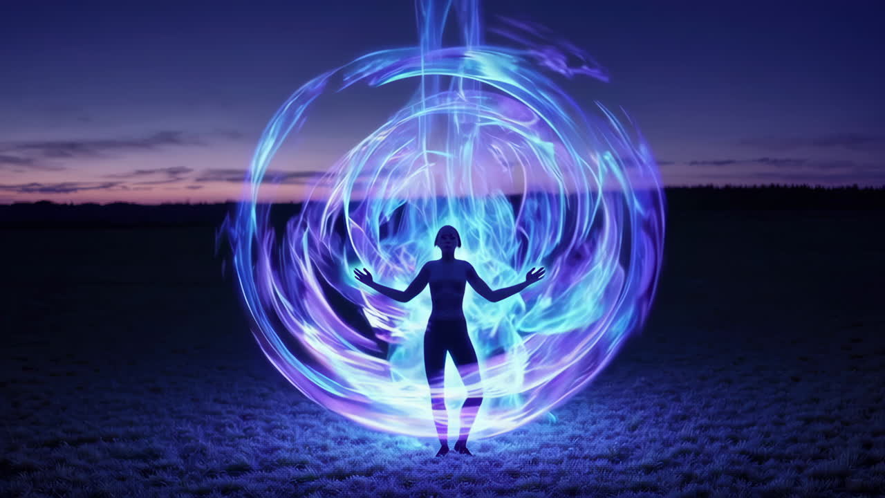 Woman surrounded by a glowing blue and purple energy field in a field at sunset