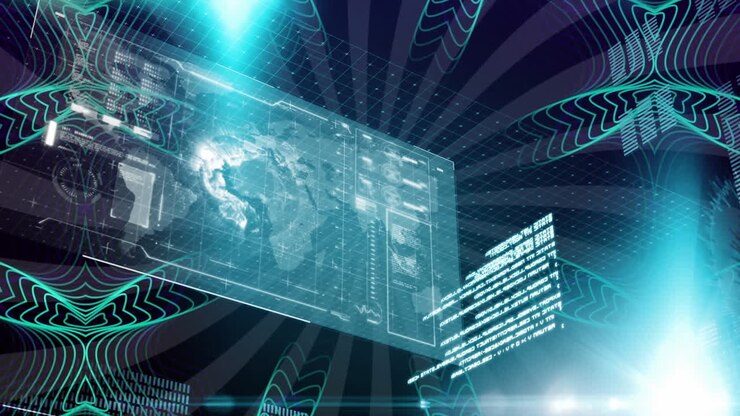 Animation of data processing over screen and blue pattern