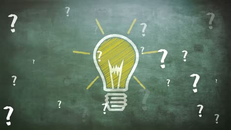 Animation-of-lightbulb-over-question-marks-on-green-background