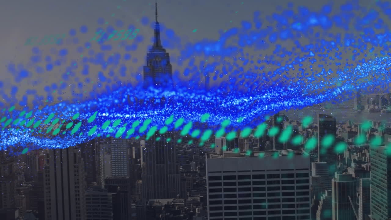 도시 풍경 위의 데이터 처리 애니메이션