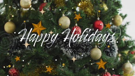 animación de felices fiestas texto sobre decoraciones de navidad