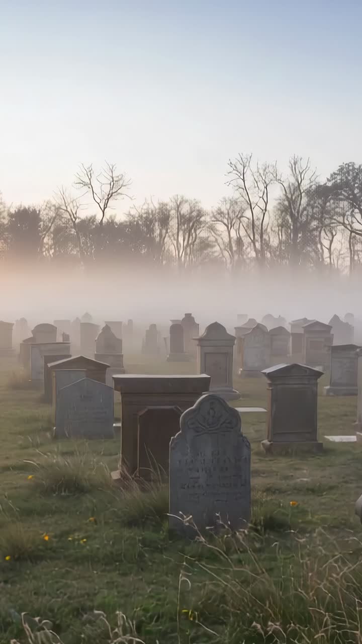 Vertical video: Pulling back camera revealing gravestones at rural cemetery, dawn fog drifting
