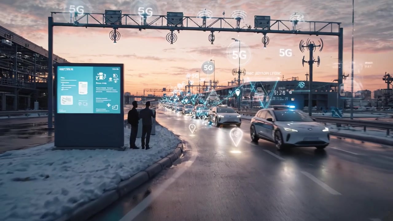 A scenic urban roadway at sunset showcases autonomous vehicles navigating a high-tech environment with digital markers guiding their path and illuminated surroundings.