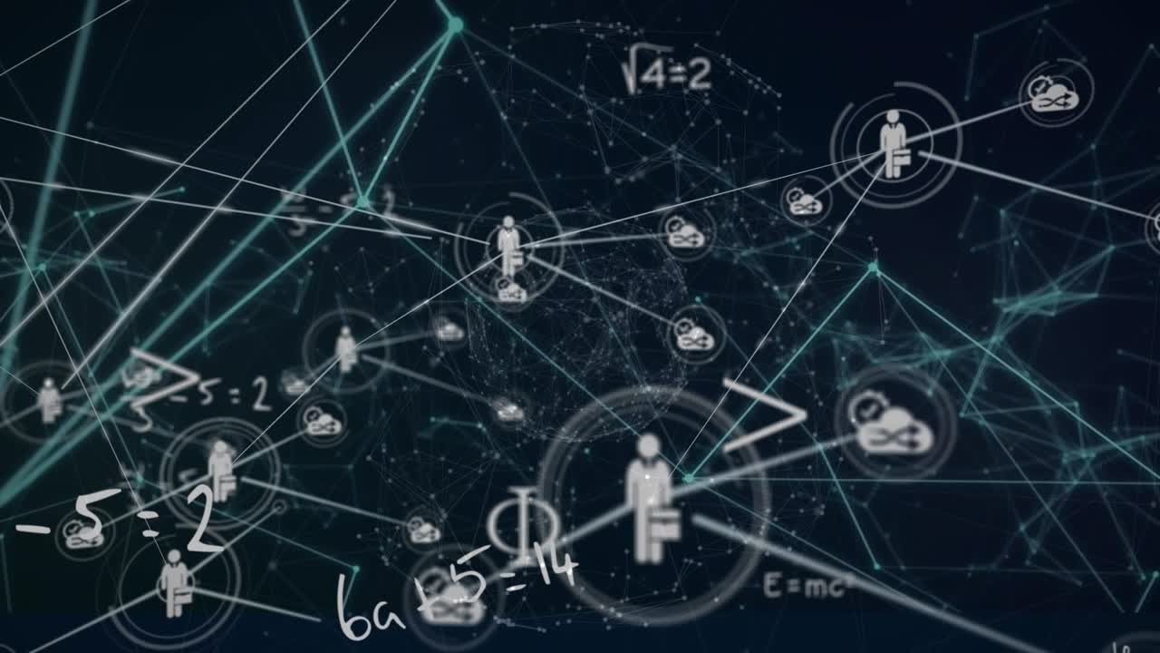 Animation of network of connections with icons in digital black space