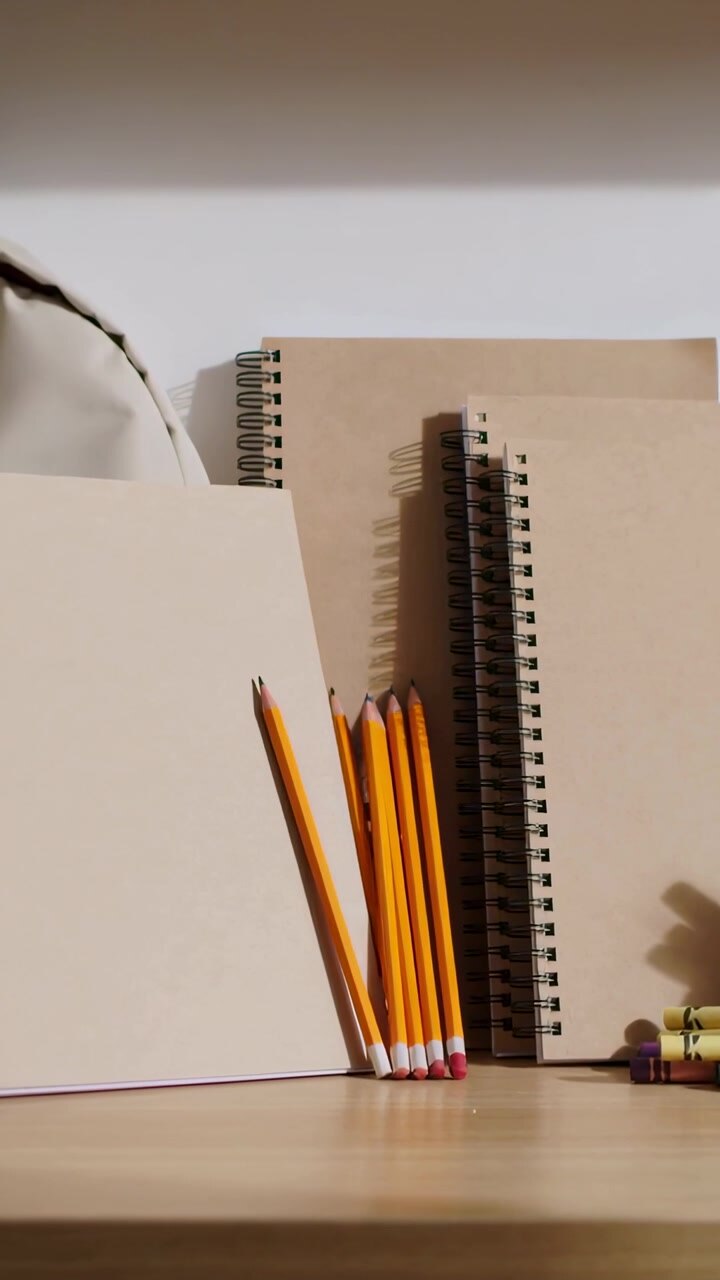 Vertical video: Tilting camera forward at desk, showing sketchbooks, pencils, emphasizing binding