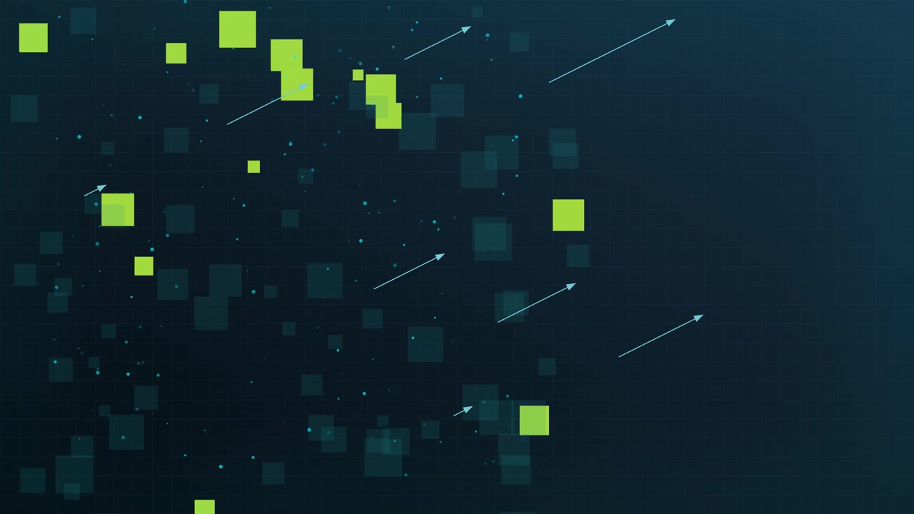 Abstract Digital Background with Floating Green Squares and Rising Arrows
