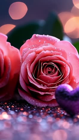 pink roses and sparkling hearts. two pink roses adorned with droplets of water are placed next to shiny purple hearts on a glittery background.