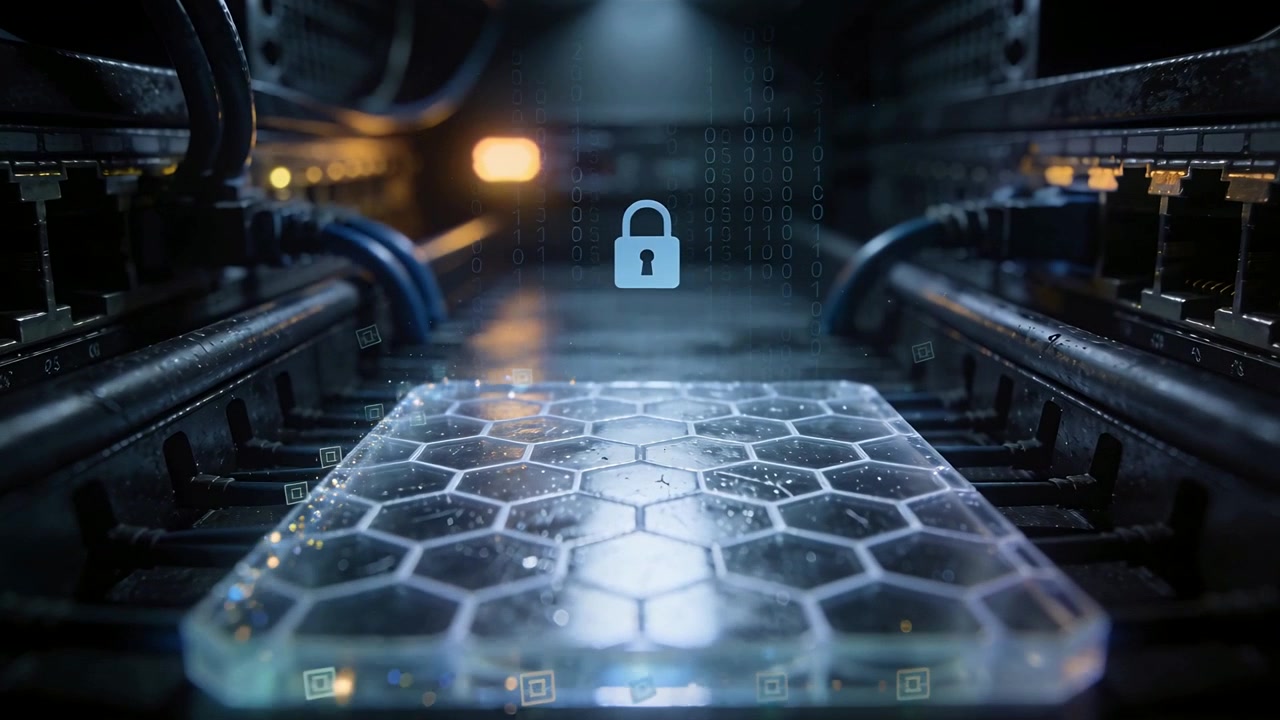 Sliding hex-panel responding to padlock glyphs appearing in rack bay showing secure-state with RJ45