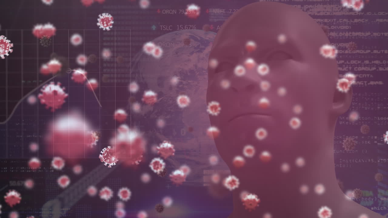 animación de células del virus covid 19 y procesamiento digital de datos en el fondo rojo