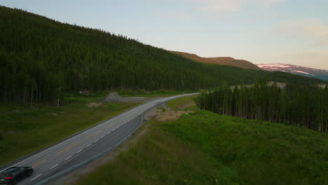 asphalt road with traffic in route e6 passing by lush forests in norway, europe