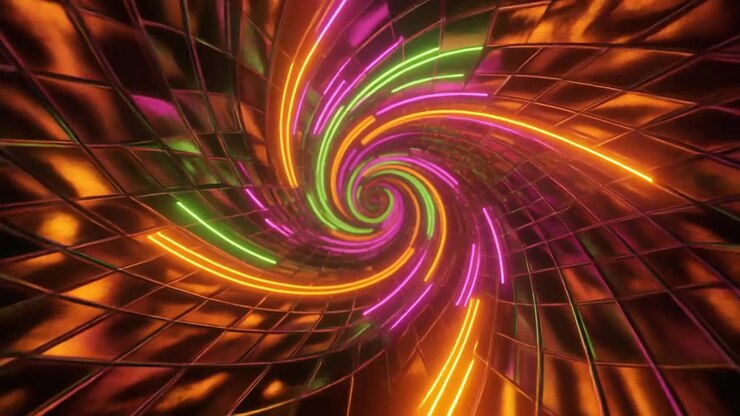 Abstract Neon Spiral Tunnel with Reflective Metallic Tiles