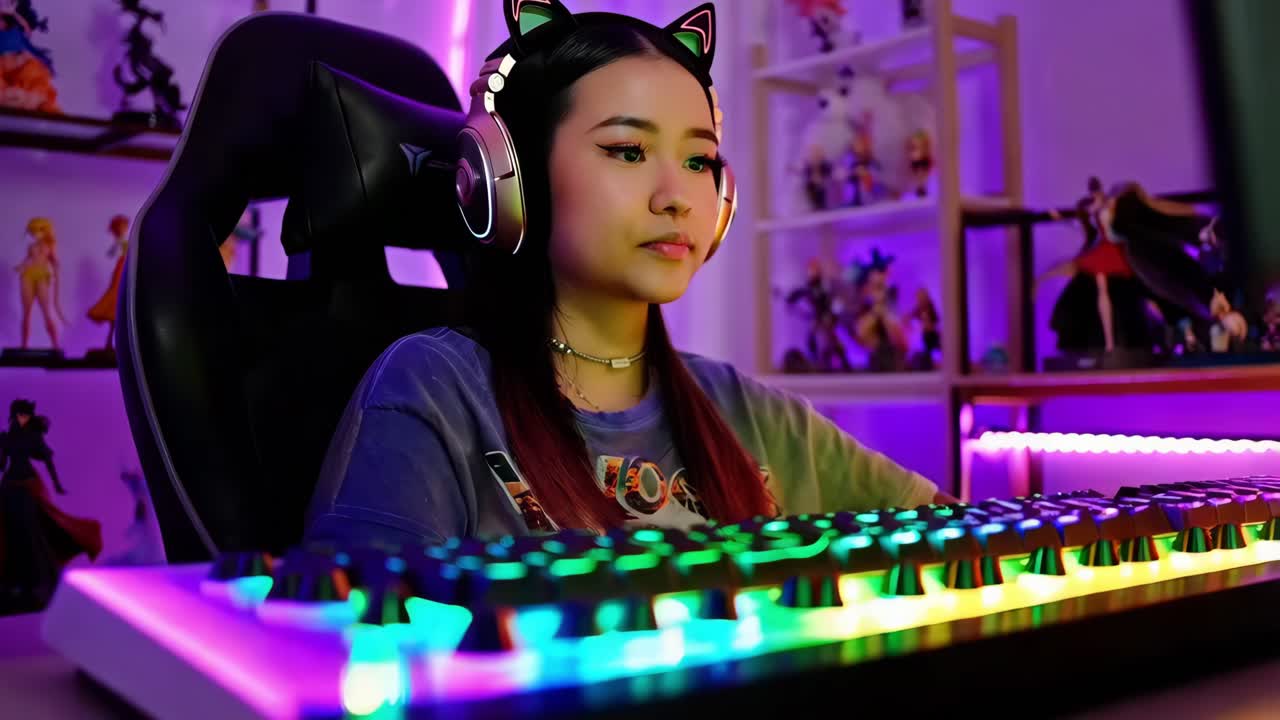Gamer donna in una postazione da gaming colorata