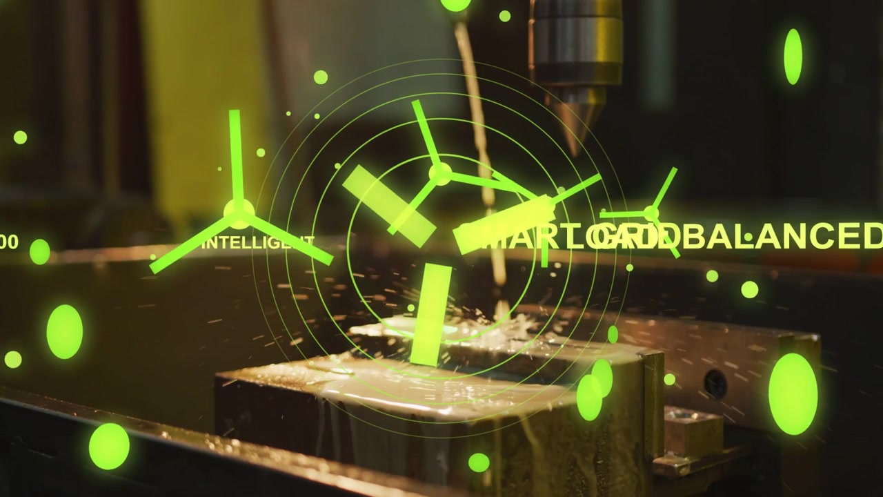 Machining head contacting workpiece, coolant feeding, AR centering SMART GRID highlighting metrics
