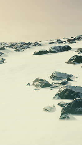 snowy mountain landscape with rocks