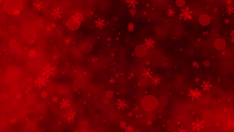 confeti rojo, copos de nieve y luces bokeh en el fondo rojo de navidad