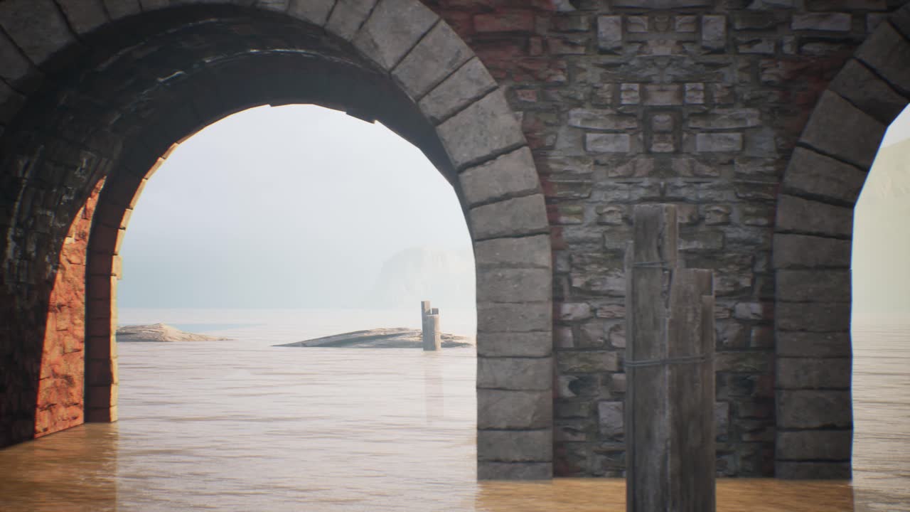 Old stone river bridge ruins with stones, woods, and water, 3D animation, camera dolly left