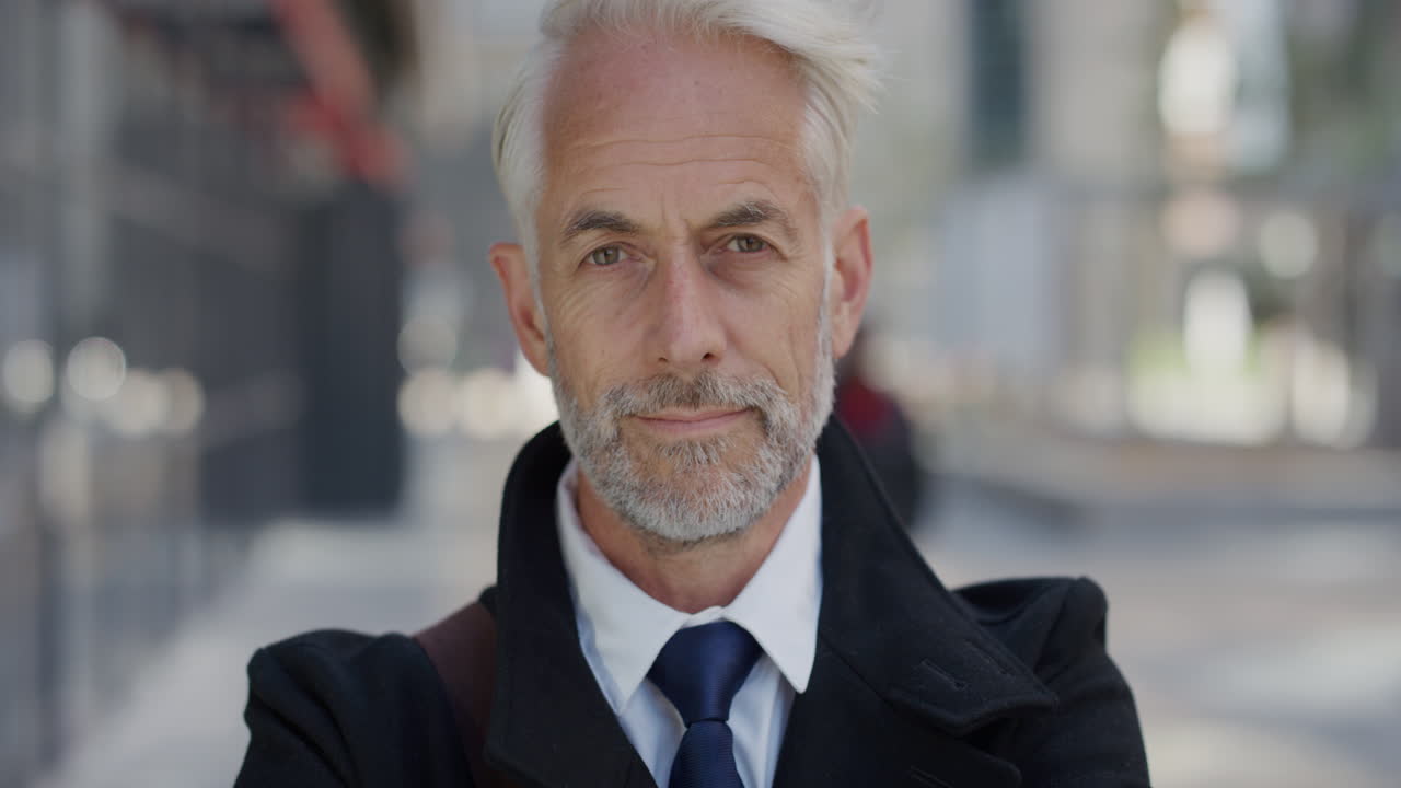 retrato exitoso hombre de negocios sénior brazos cruzados ejecutivo corporativo disfrutando de la carrera profesional maduro empresario caucásico en la ciudad cámara lenta