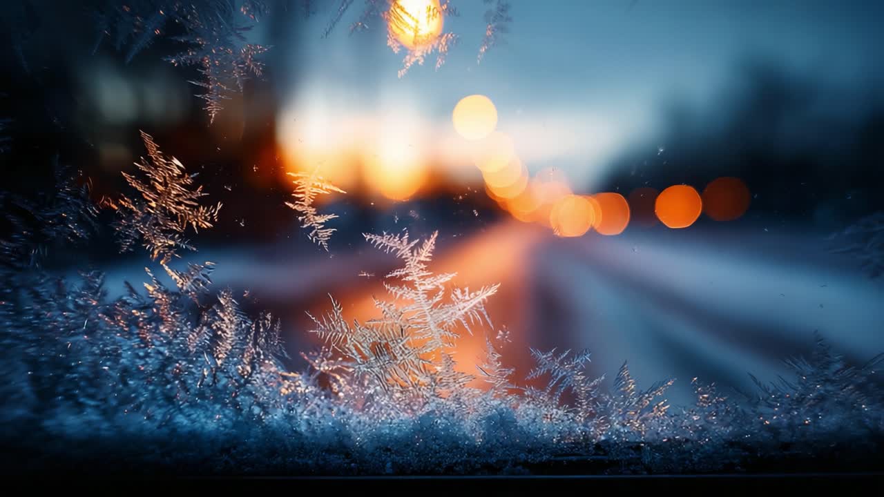 A Beautiful Winter Scene Captured Through a Frosted Window, Showcasing Intricate Ice Crystals and a Glowing Sunset Behind Blurred Streetlights on a Snowy Evening