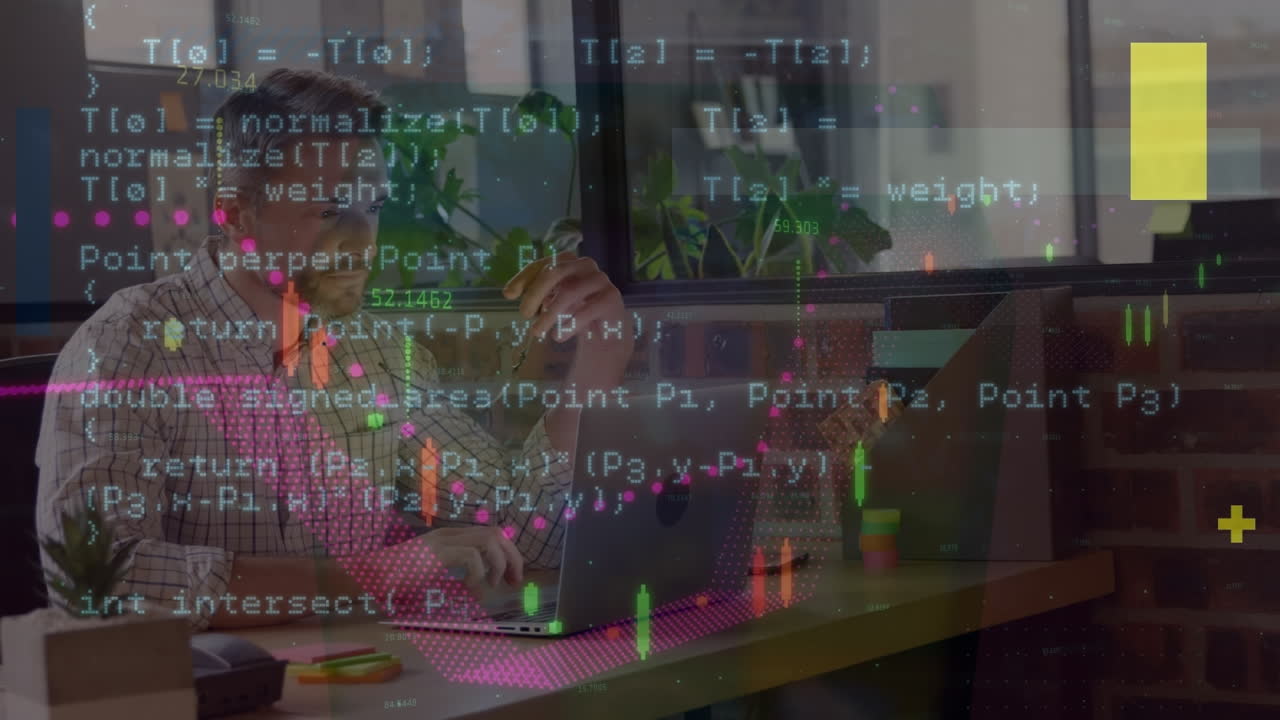 Animation of data processing over caucasian businessman using laptop