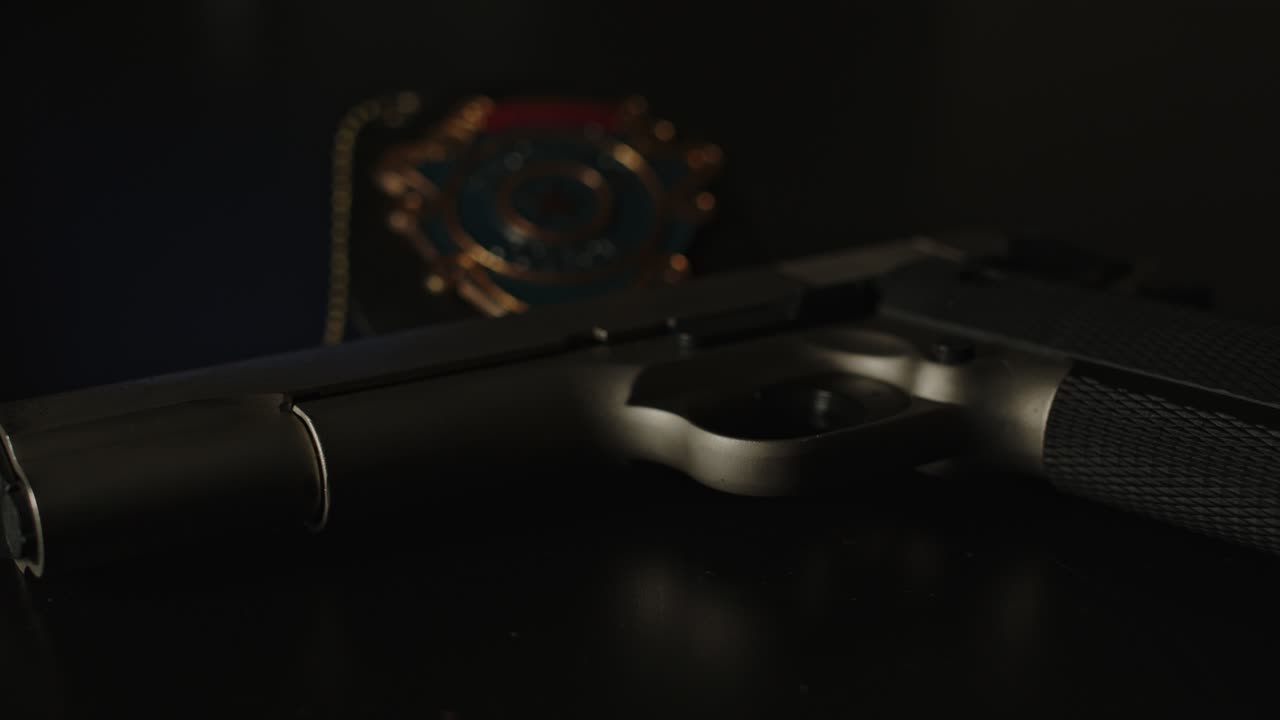 vista amplia de una pistola y una insignia de policía