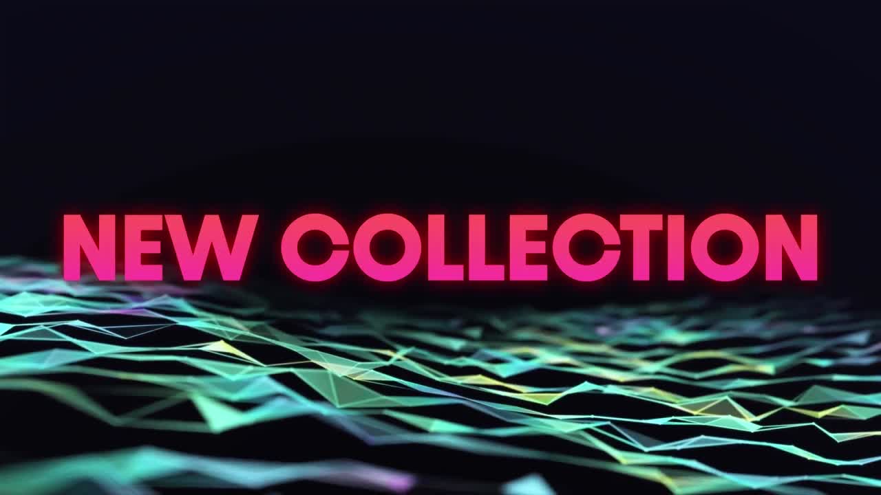 Animazione del testo "new collection" con lettere rosa su connessioni su sfondo nero.
